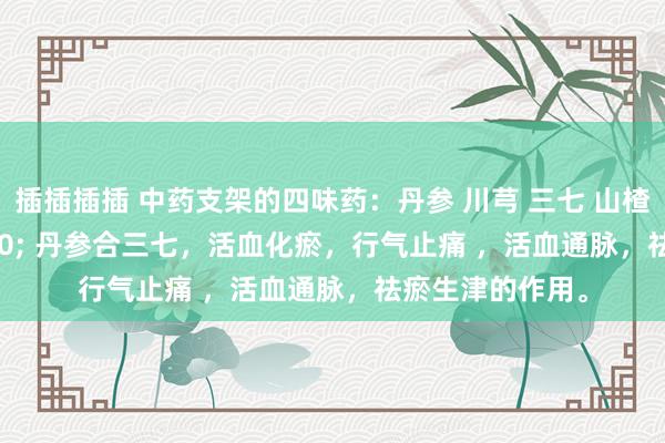 插插插插 中药支架的四味药：丹参 川芎 三七 山楂 。 &#160; 丹参合三七，活血化瘀，行气止痛 ，活血通脉，祛瘀生津的作用。